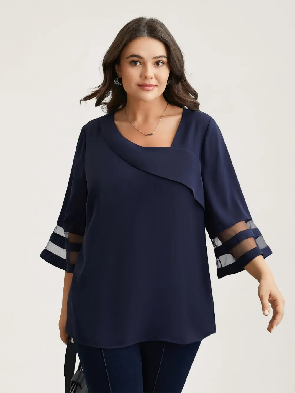 Sheer Sleeve Patchwork Asymmetrical Neckline Blouse