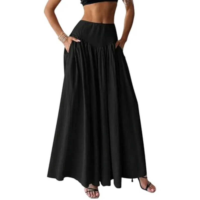 Milumia Women's Pleated Flowy Long Skirts High Waist Maxi Skirt with Pocket