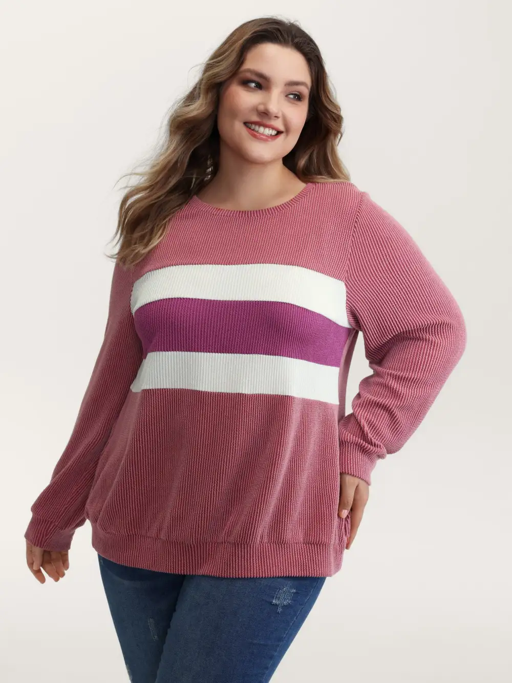 Color Stripes Spliced Knit Sweatshirt