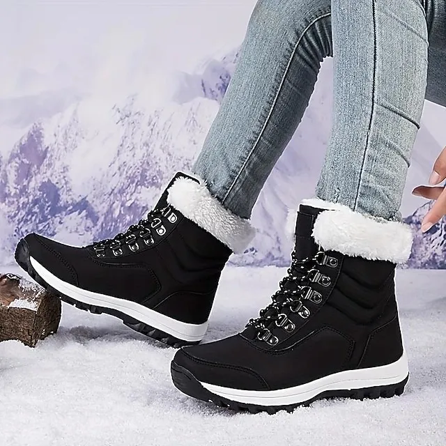 Women's Boots Snow Boots Plus Size Daily Fleece Lined Booties Ankle Boots Winter Flat Heel Round Toe Casual Comfort PU Elastic Band Solid Color Wine Black White