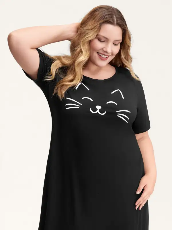 Happy Cat Print Stretchy Contrast Sleep Dress