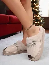 Women's Faux Fur Lined Rhinestone Slippers, Warm Plush Non-Slip Indoor Shoes, Elegant Winter House Footwear for Holiday Comfort