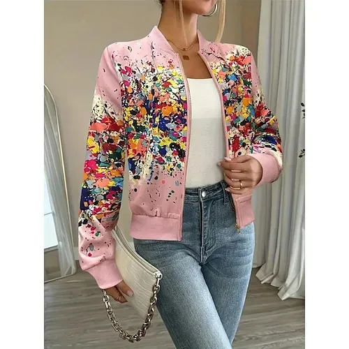 Women's Casual Jacket Comfortable Zipper Fashion Daily Modern Floral School Outdoor Vacation Home Regular Baseball Collar Regular Fit Long Sleeve Outerwear White Spring Fall
