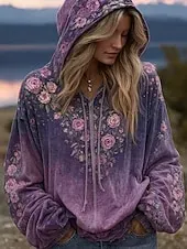 Women's Pullover Hoodie Sweatshirt Floral Graphic Elegant Warm Active Long Sleeve Hooded Regular Tops Street Dailywear Casual Patchwork Print Yellow Pink Blue Light Purple Purple Spring Fall Winter