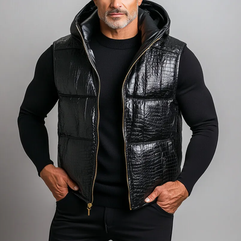 Men's PU Leather Crocodile Pattern Zipper Hooded Vest