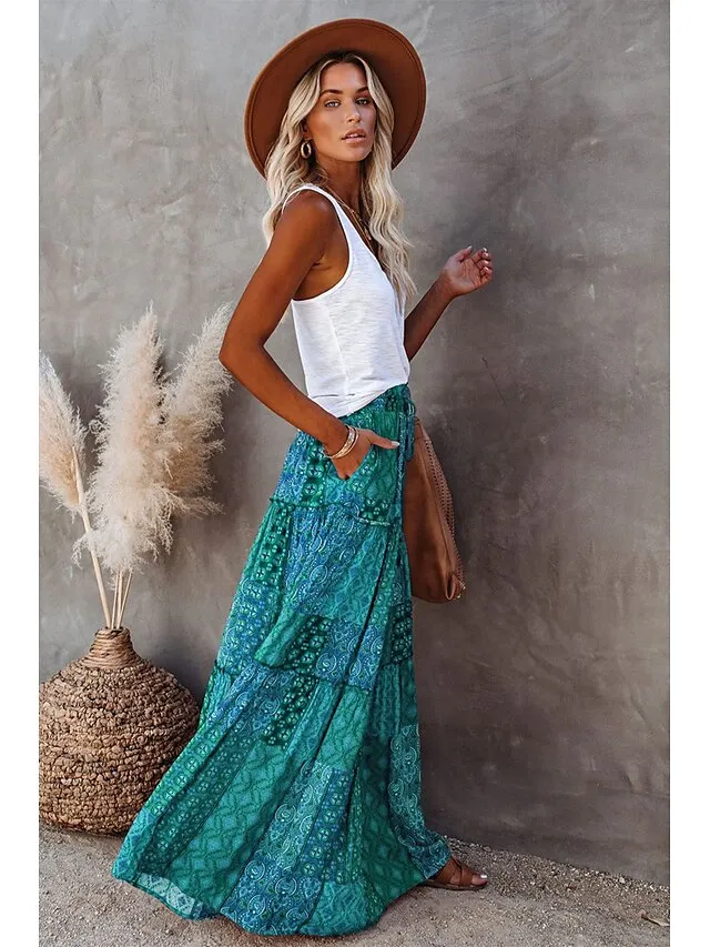Women's Skirt Swing Long Skirt Maxi Red Blue Purple Orange Skirts Spring & Fall Ruffle Print Fashion coastal grandma style Boho Holiday Casual Daily S M L