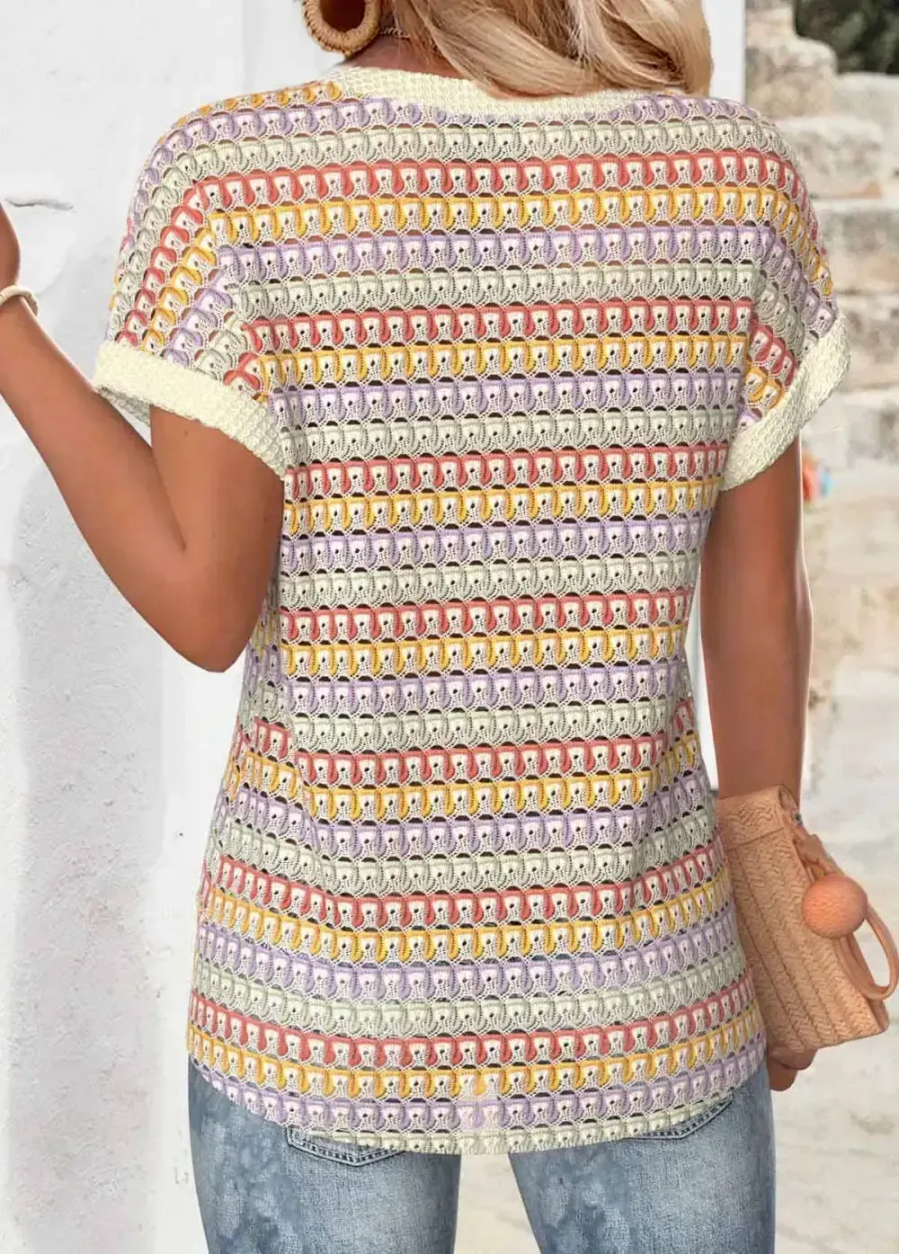 Multi Color Short Sleeve Hollowedout T Shirt