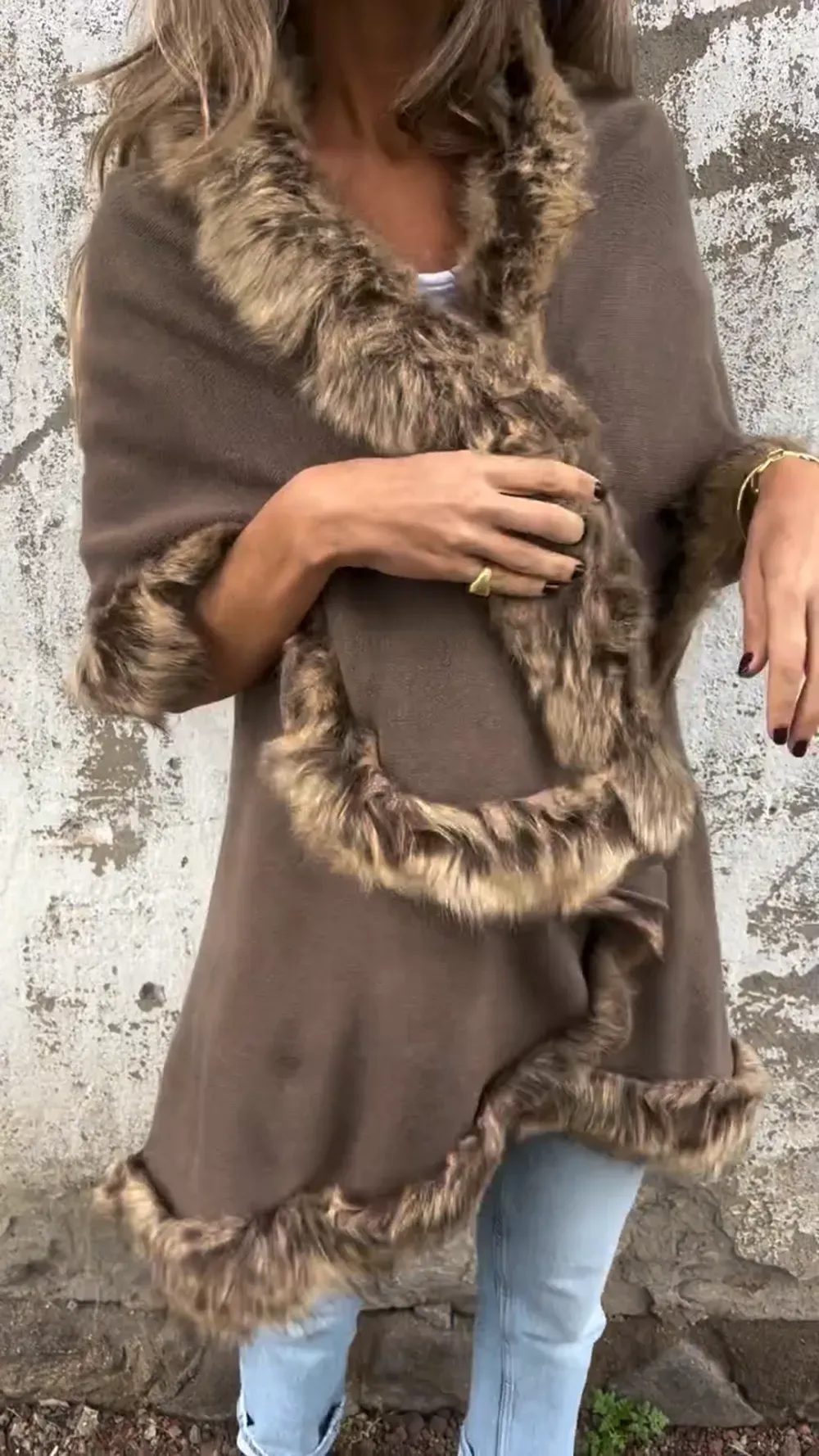 Golden Ember Faux Fur Trimmed Cape