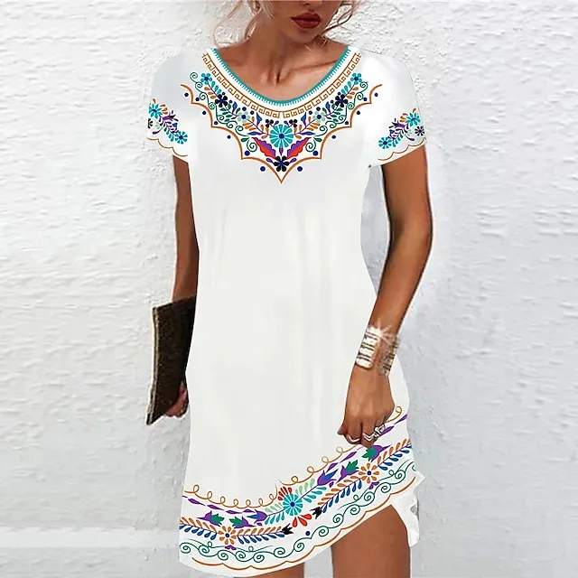 Women's Casual Dress Ethnic Dress Shift Dress Mini Dress Black White Light Green Short Sleeve Floral Print Spring Summer Crew Neck Basic Daily Vacation Loose Fit 2023 S M L XL XXL