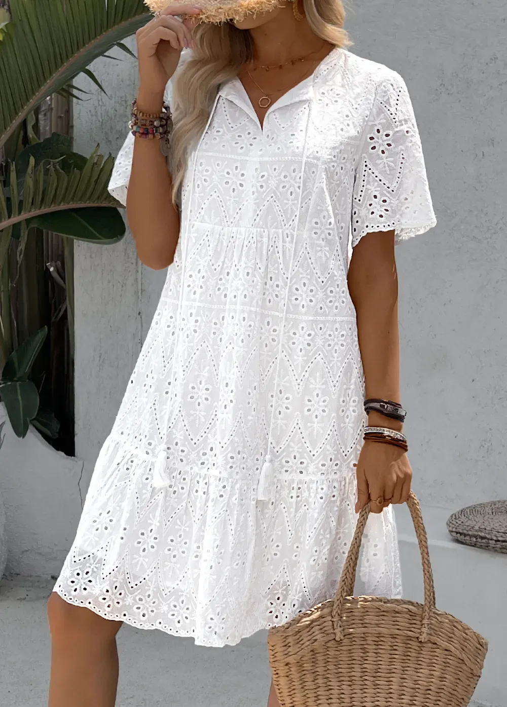 White A Line Short Sleeve Split Neck Dress