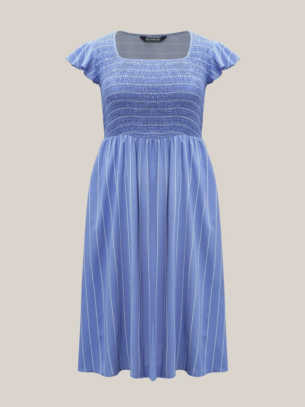 Striped Shirred Flutter Sleeve Midi Dress