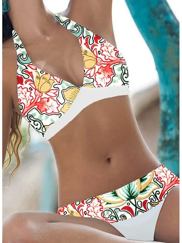 Women's Swimwear Bikini 2 Piece Normal Swimsuit Halter 2 Piece Open Back Sexy Floral White Blue Dusty Blue Green Halter V Wire Bathing Suits Sexy Vacation Beach Wear