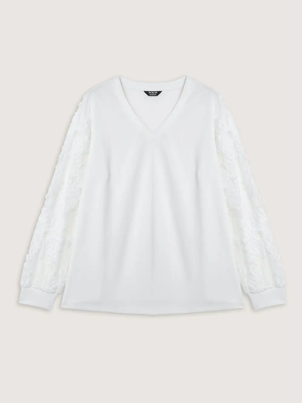 Textured Sheer Sleeve V-Neck T-Shirt