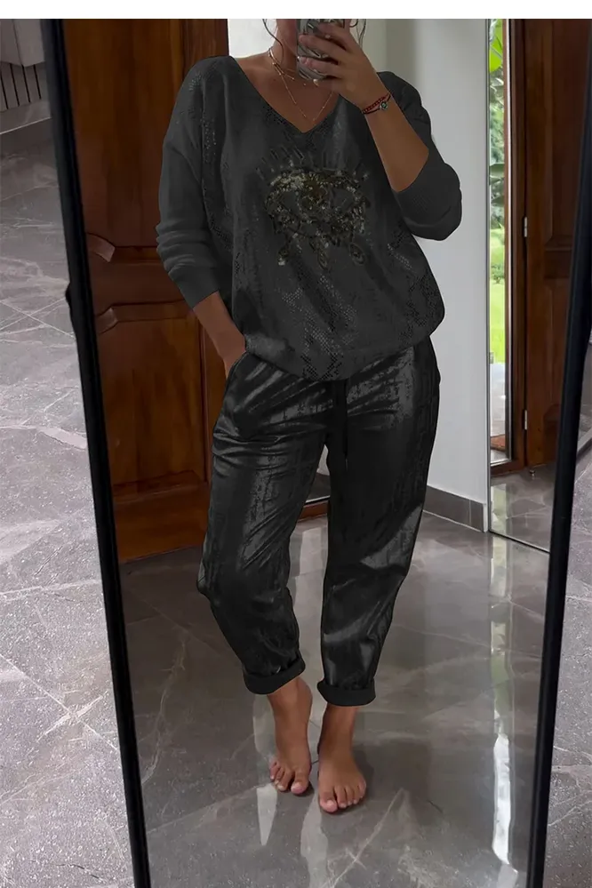 Women's fashionable sequin embroidered eye top & bronzing trousers two-piece set