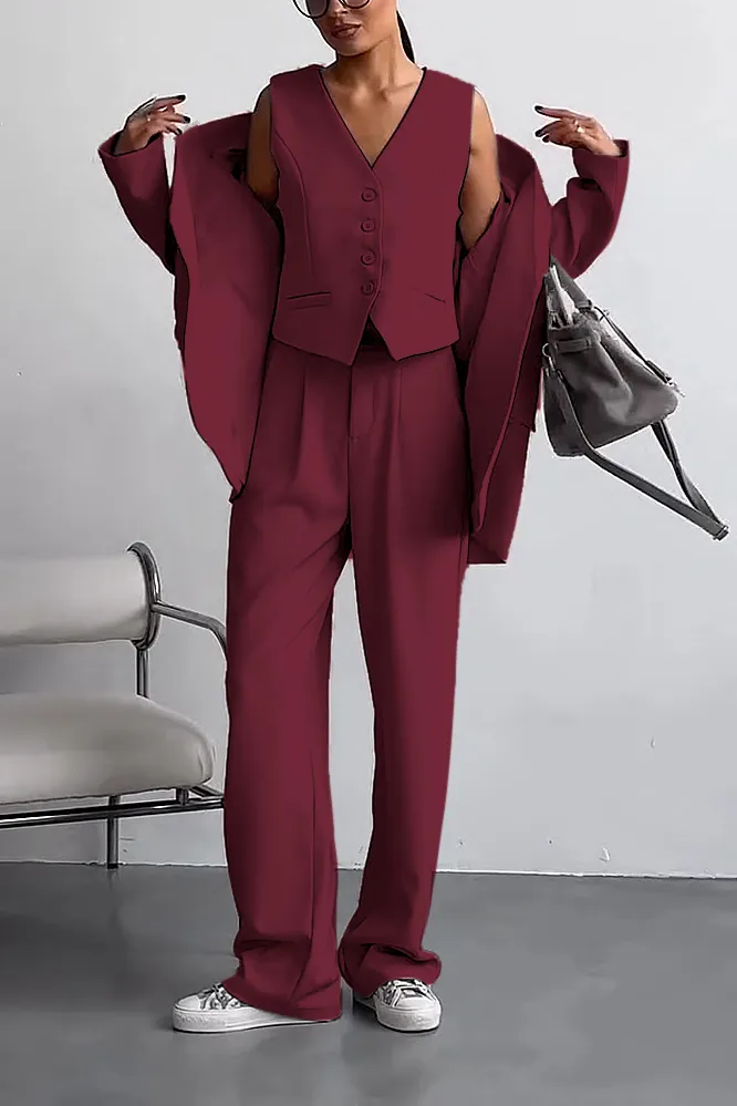 Women's Solid Color vest and suit jacket pants 3-piece set
