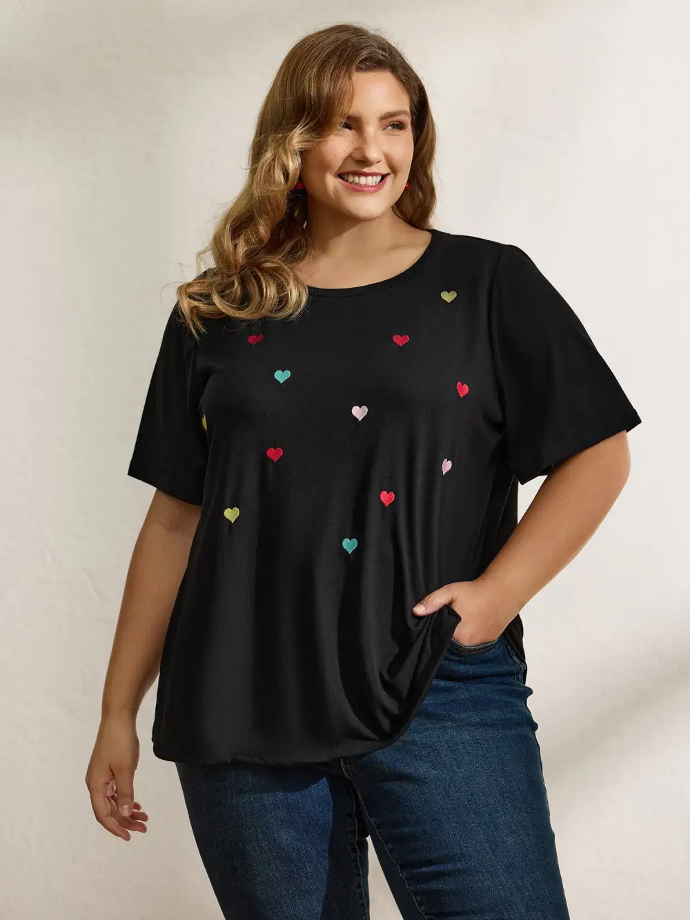 Embroidered Hearts Stretchy Round Neck T-Shirt