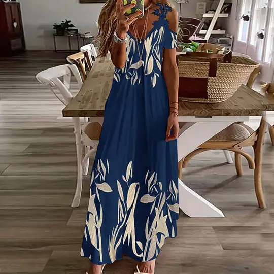 Tropical Breeze Garden Print Cold Shoulder Maxi Dress