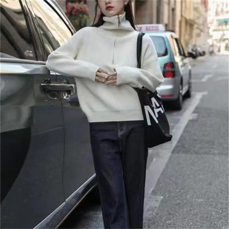 Two Wear Half Zip Large Lapel Soft Waxy Sweater