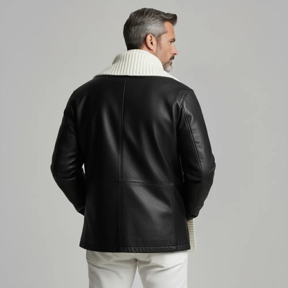 Men's Black Ribbed Knit Shawl Lapel Long Sleeve Pockets PU Leather Cardigan