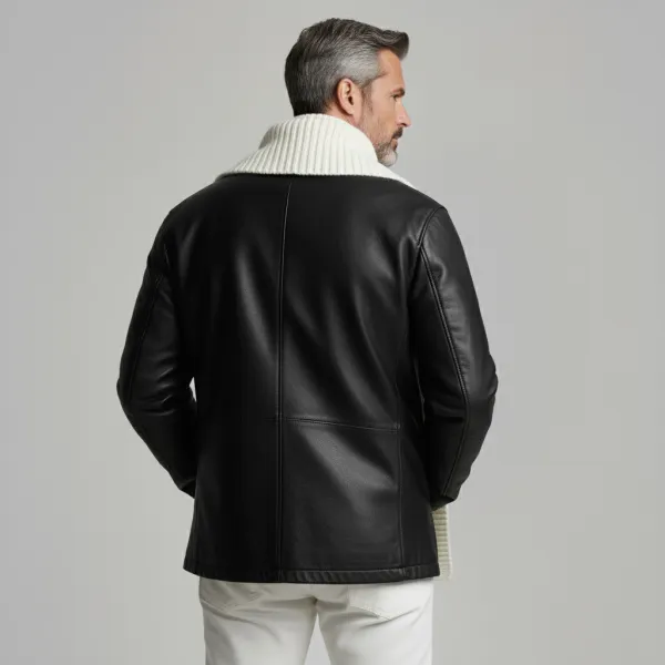 Men's Black Ribbed Knit Shawl Lapel Long Sleeve Pockets PU Leather Cardigan