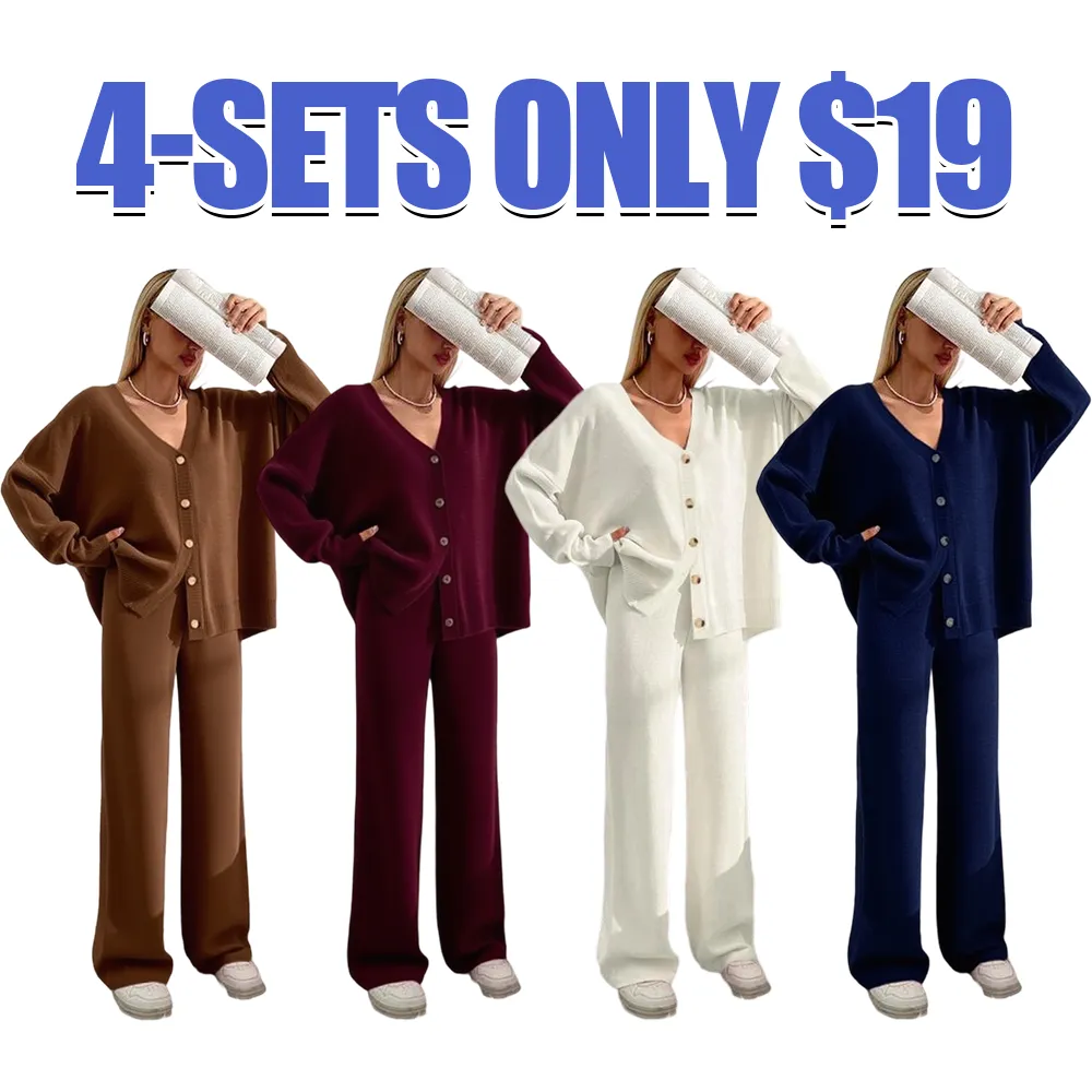 Women's V-Neck Button Cardigan & Wide-Leg Pants Set