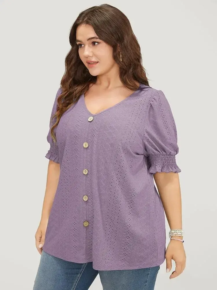 Plain Broderie Anglaise Shirred Puff Sleeve Button Detail T-shirt