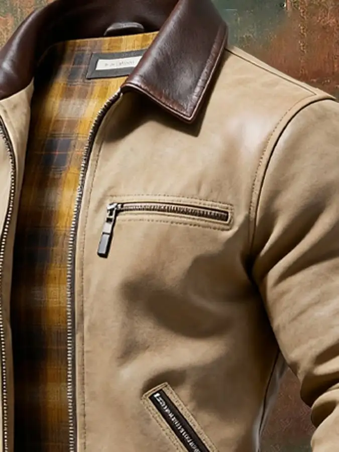 Men's Vintage Suede Leather Stitching Warm Multi-Pocket Outdoor Jacket