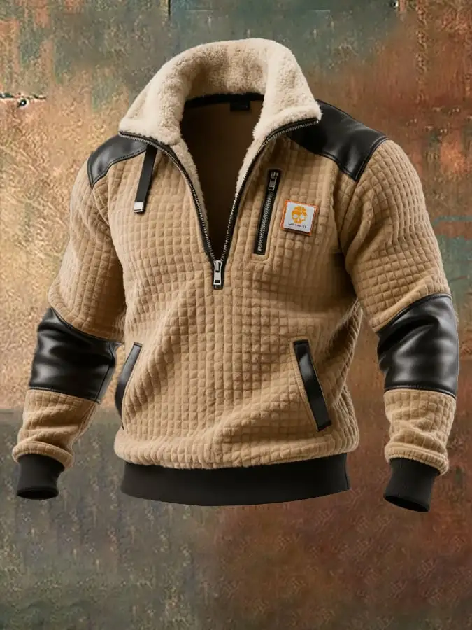Men's Retro Knitted Square Check Leather Splicing Zipper Fur Collar Sweatshirt