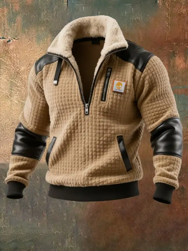 Men's Retro Knitted Square Check Leather Splicing Zipper Fur Collar Sweatshirt