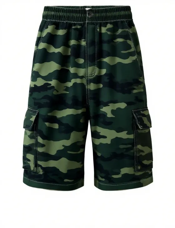 Women's Camo Print Straight-Leg Shorts with Pockets-Raw Hem, Elastic Waist