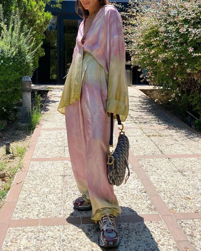 Pink Tie Dye Print Casual Two-Piece Set