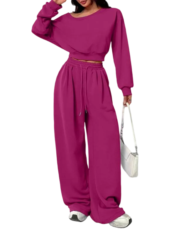 Women's Solid One-Shoulder Hoodie Set: Loose Knit, Long Sleeve Short Top
