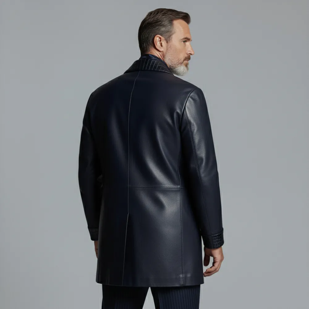 Men's Navy Blue PU Leather Crocodile Shawl Lapel Double Breasted Long Sleeve Overcoat