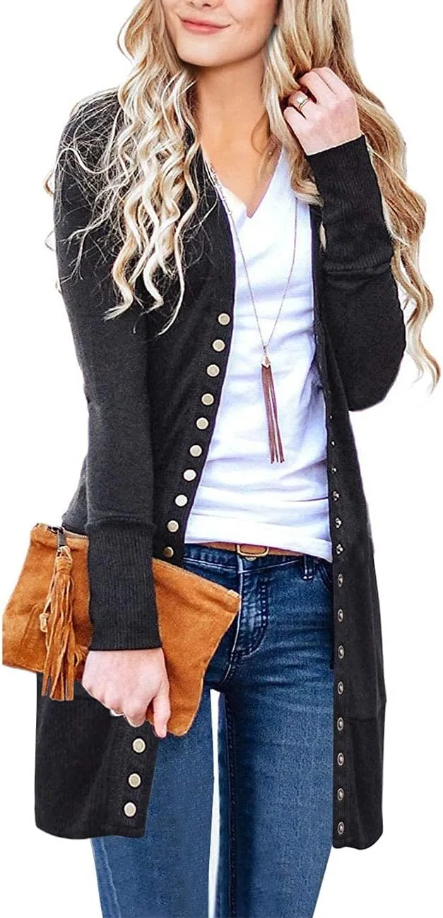 Women's 2024 Fall Long Sleeve Snap Button Down Solid Color Knit Ribbed Neckline Cardigans