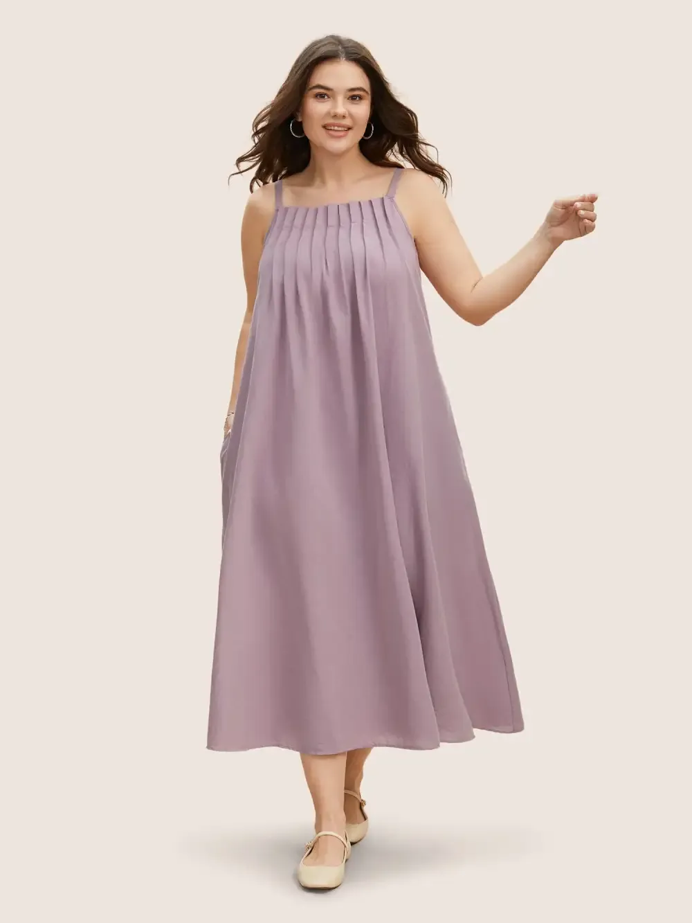 Cotton Plain Pleated Loose Fit Cami Dress