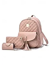 Women's Quilted Pink Leather Backpack Wristlet Card Holder Three-Piece Set , Including Wallet and Card Holder, Fashionable and Practical, Suitable for Daily Use, Work and Casual Outings