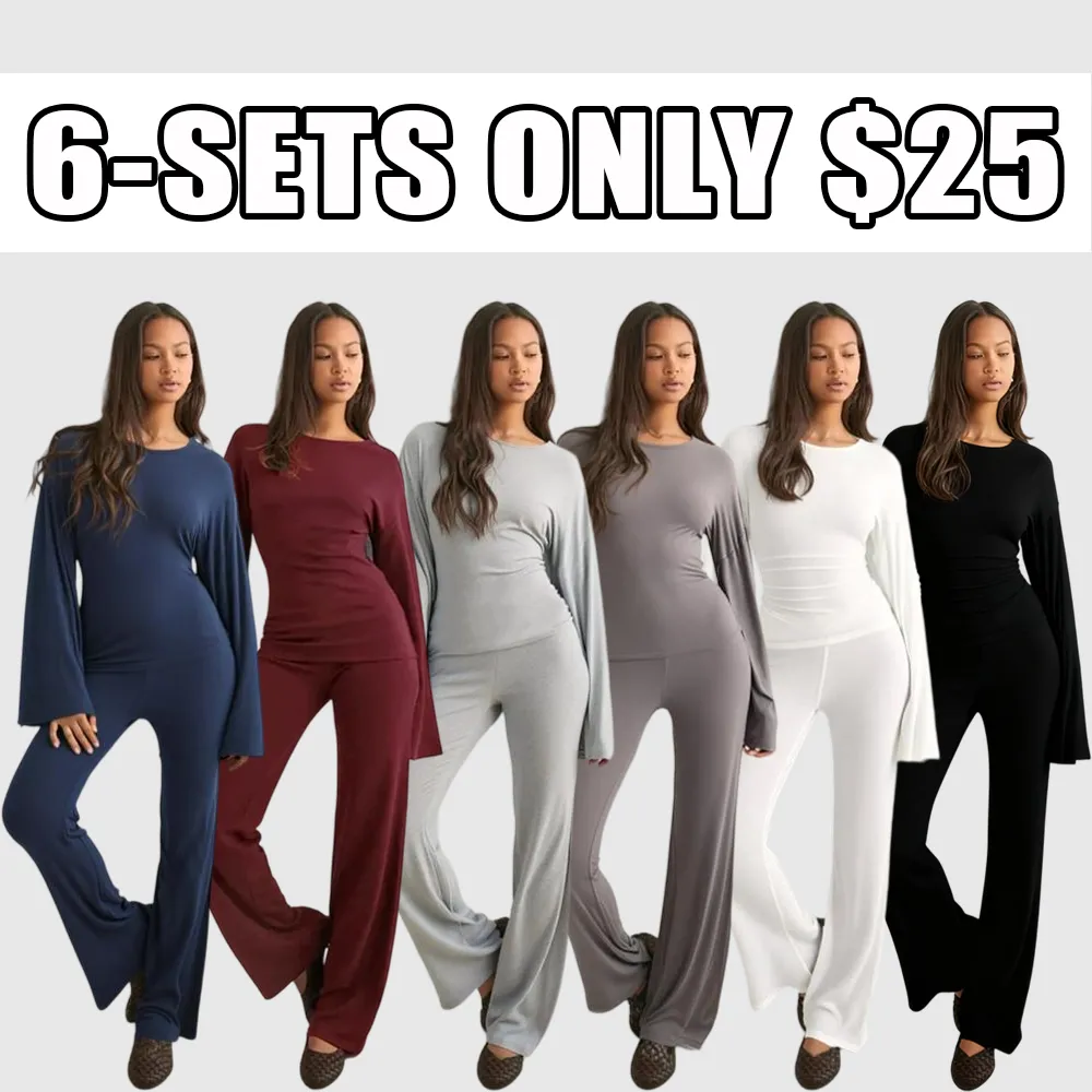 Women's Fall New Round Neck Flare Long Sleeve Top & Elastic Waist Straight Leg Pants Set