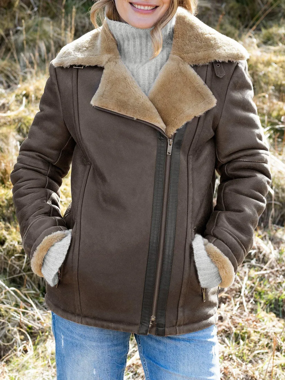 Boyfriend Aviator Sheepskin Jacket, Antique/Camel