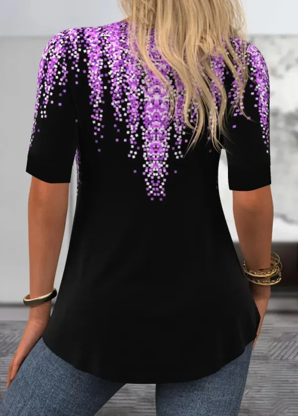 Purple Geometric Print Half Sleeve Fake Two Piece Twinset