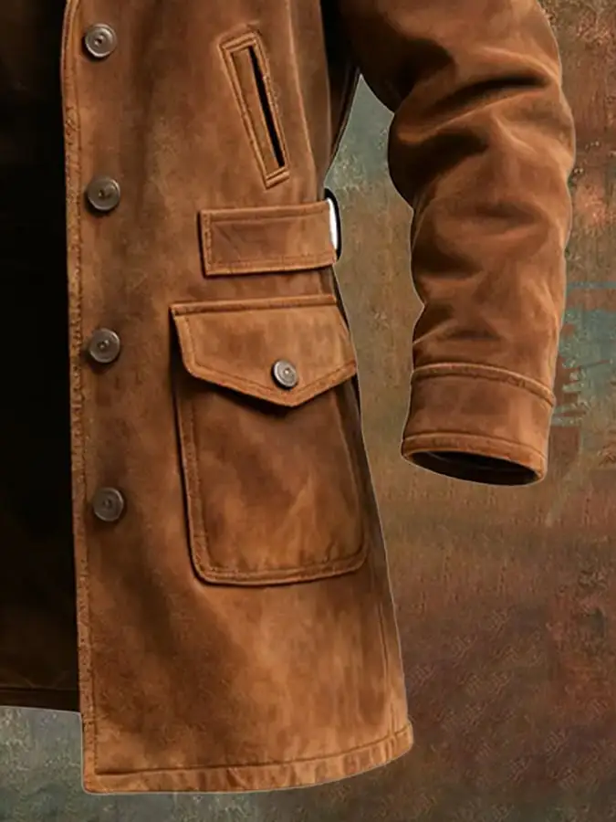 Men's Vintage Brown Shearling Coat With Fur Collar