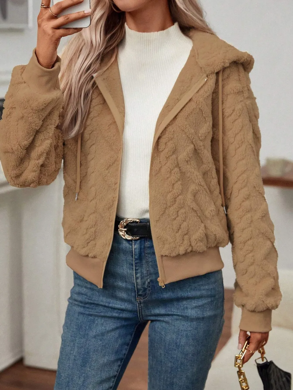 Women's Black Textured Plush Hooded Jacket