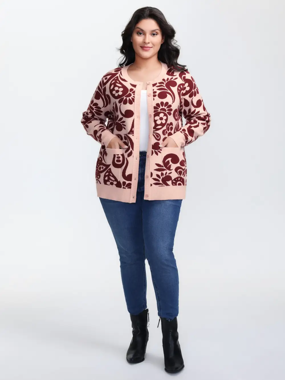 Jacquard Floral Print Button Knit Cardigan