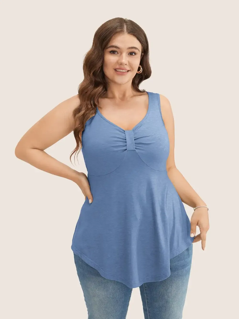 Solid Ruched Detail Asymmetrical Hem Tank Top