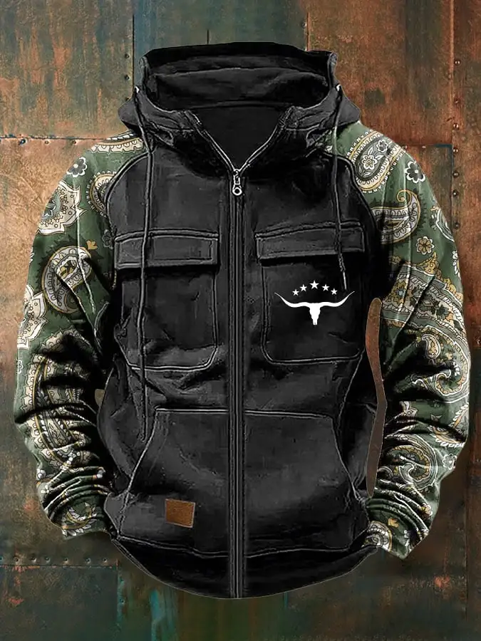 Men's Vintage Paisley Art Print Multi-Pocket Jacket