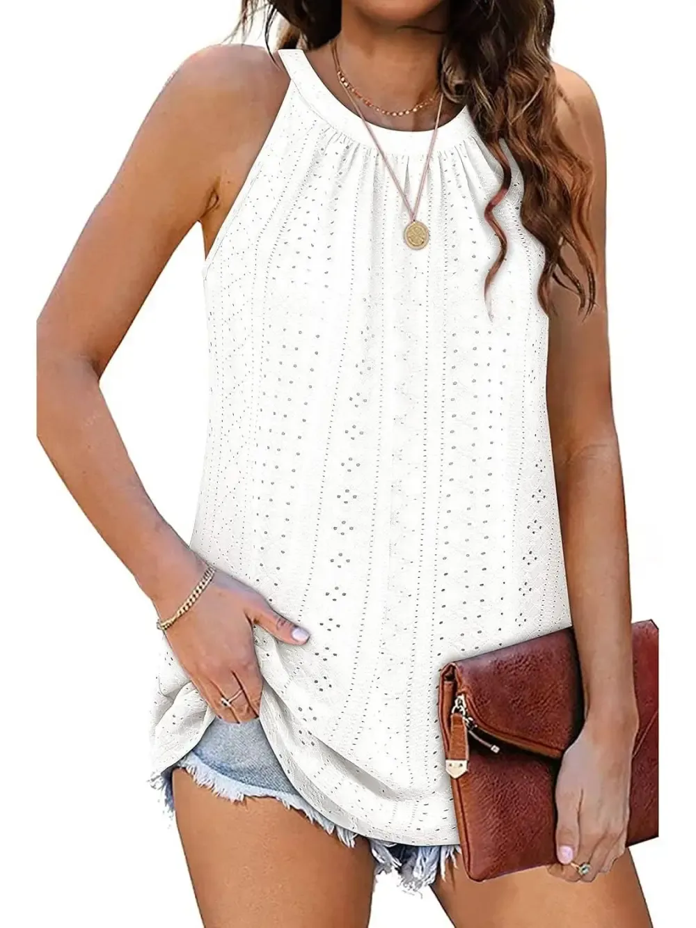 ✨Women Casual Pleated Eyelet Loose Fit High Neck Sleeveless Halter Tank Tops