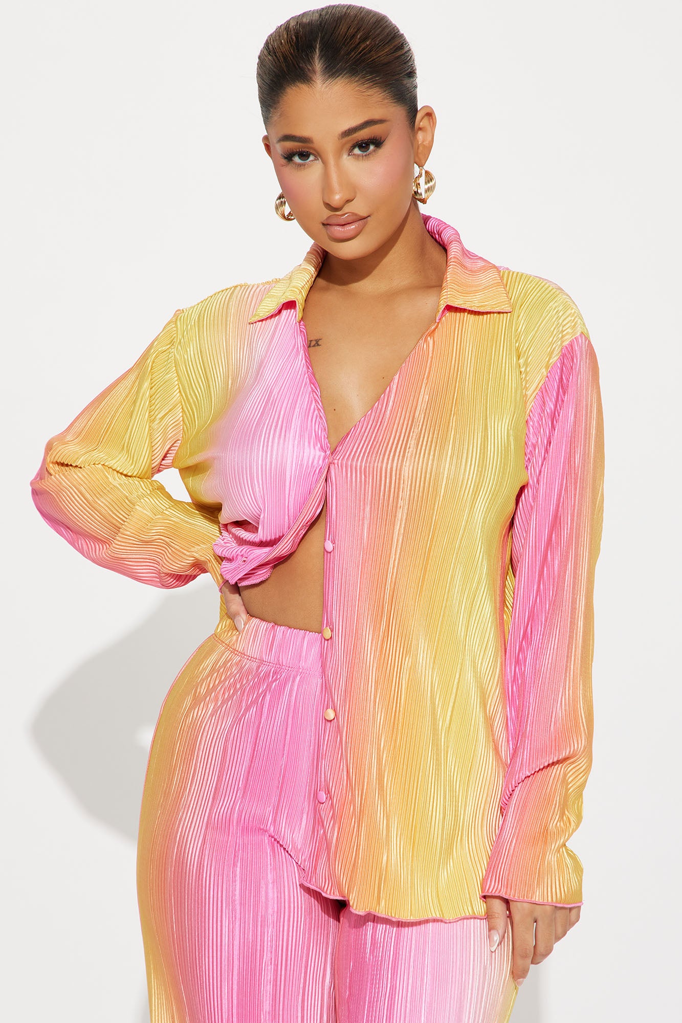 Isabel Shimmer Plisse Pant Set - Pink/combo