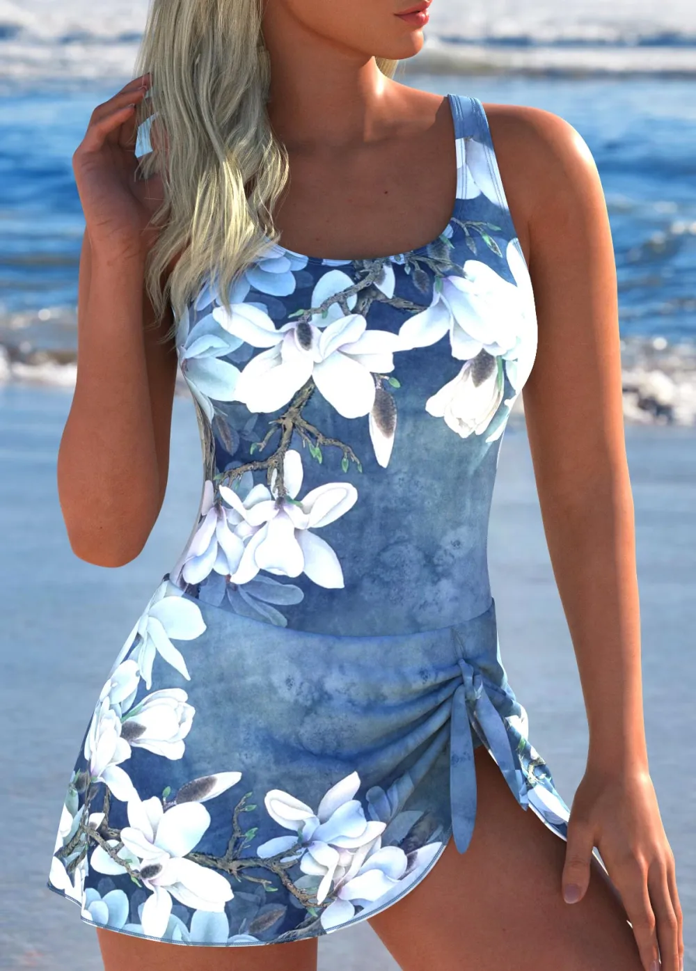 Tie Denim Blue Floral Print One Piece Swimdress