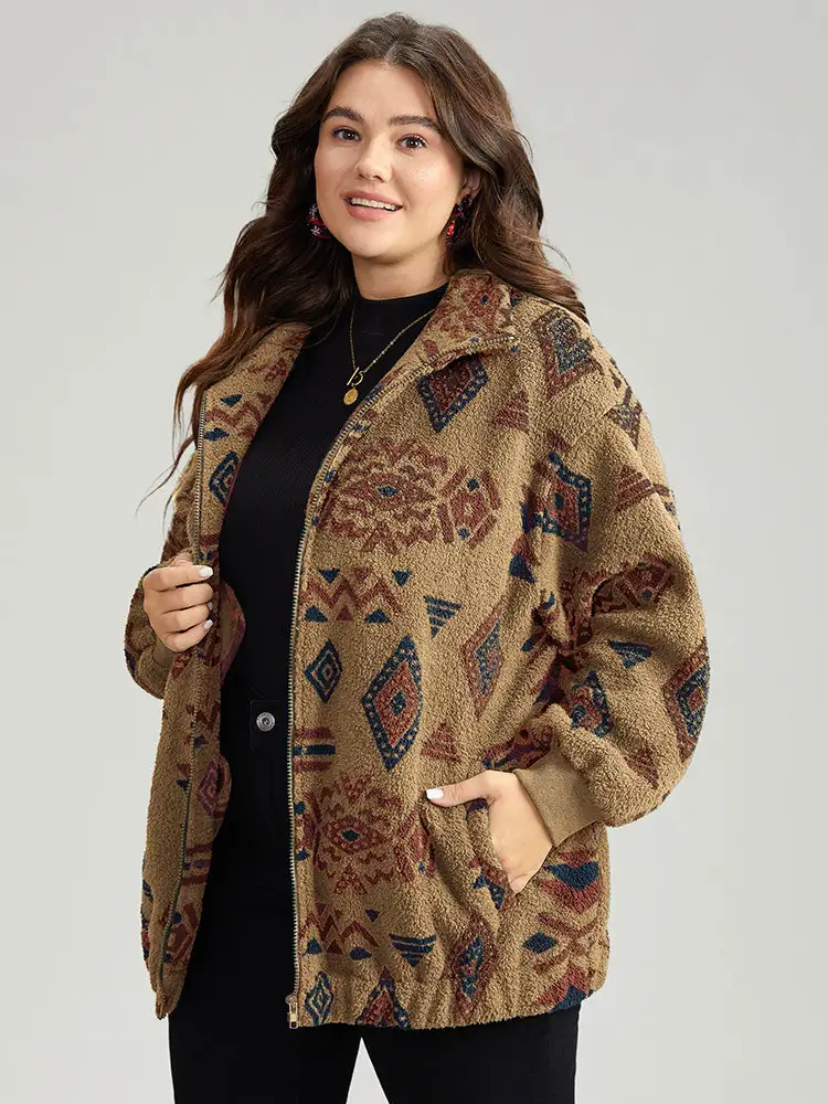 Geometric Pocket Gathered Zipper Jacket