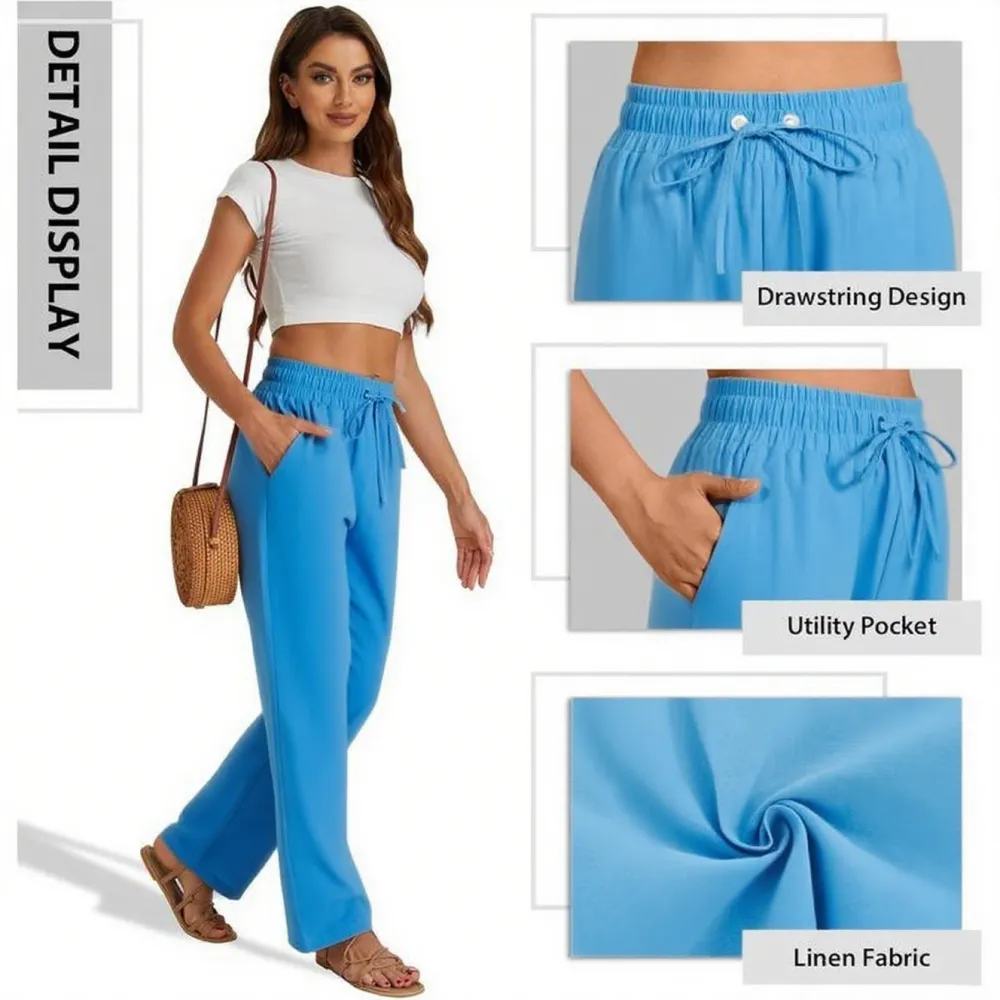 Women’s High Waist Linen Drawstring Pants – Casual Loose Fit with Pockets