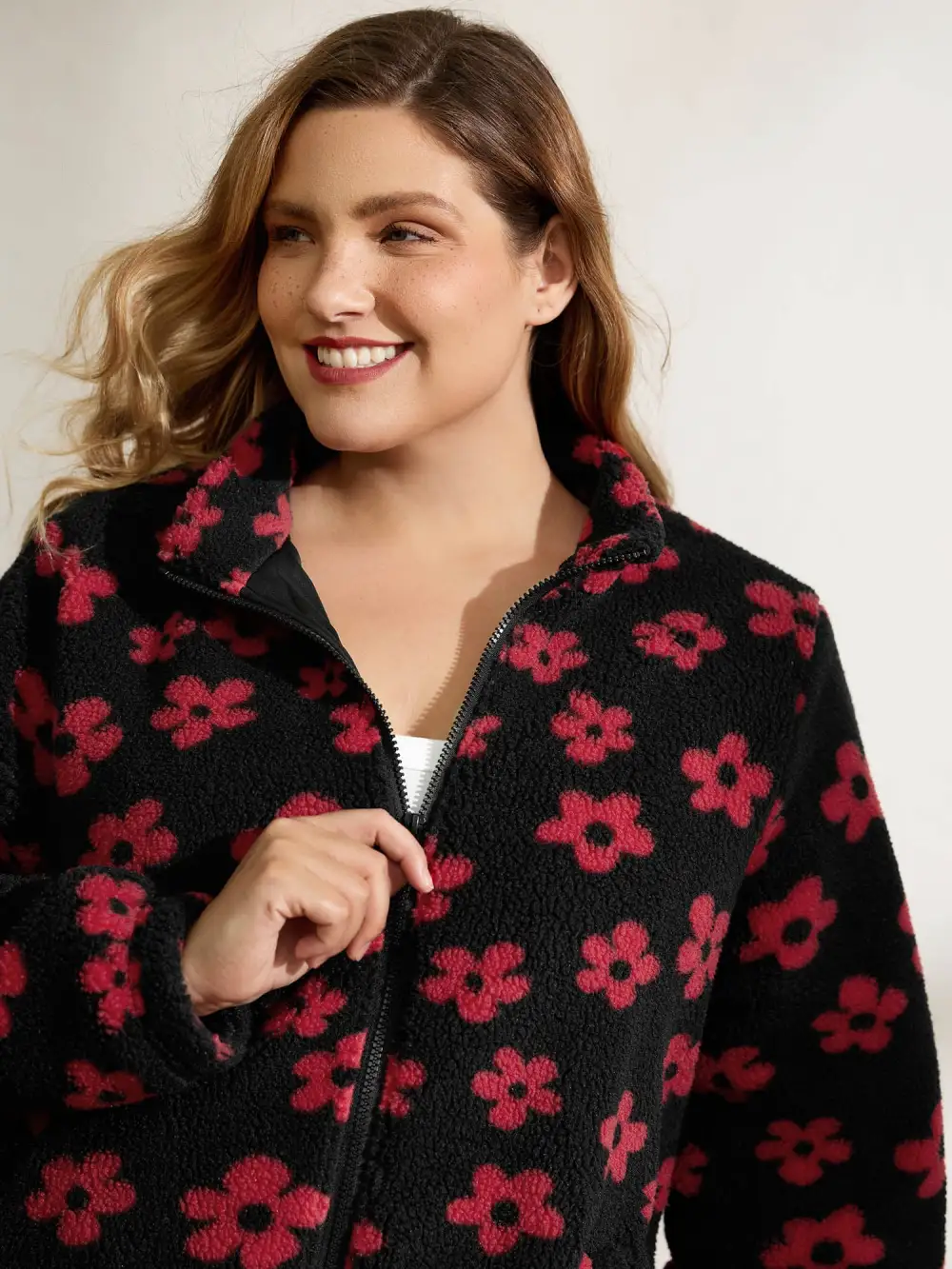 Jacquard Plush Floral Zipper Jacket